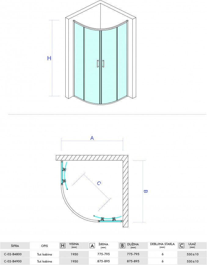 Tuš kabina polukružna 80x80x195-6mm ATLAS BLACK I - Image 2