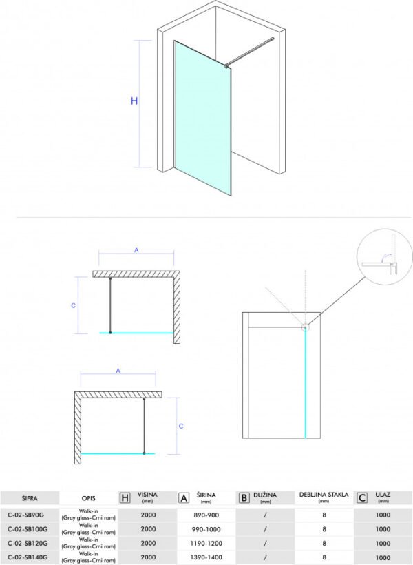 Paravan Walk-in 100x200 8mm COPEN MONTE DARK I - Image 3