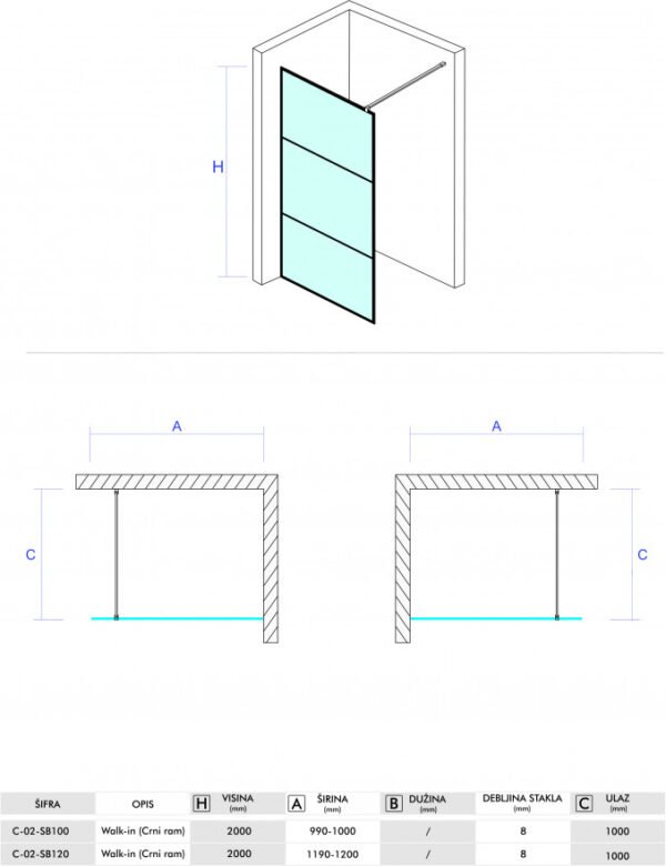 Paravan Walk-in 120x200 8mm COPEN MONTE BLACK I - Image 2
