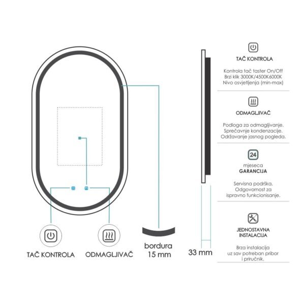 Ogledalo LED ovalno 500x1000mm ORI M92.01 - Image 3