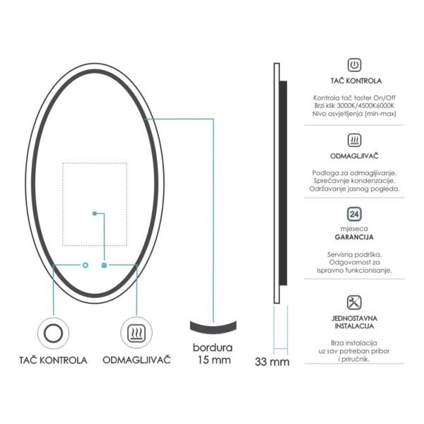Ogledalo LED ovalno 500x1000mm ORI M90.01 - Image 4