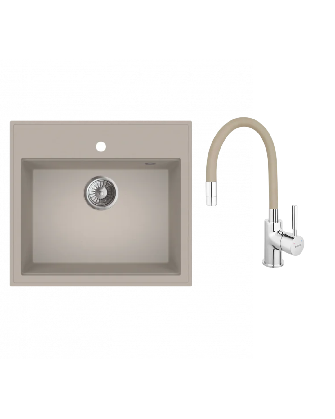 Sudoper Granitni MILO RETTO 56×51 Pure sand+Baterija za sudoper Flexi bež AquaLux