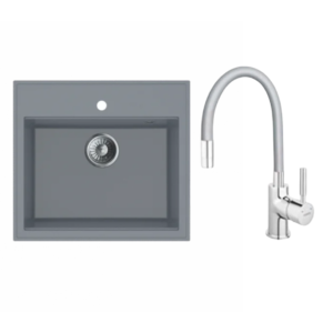 Sudoper Granitni MILO RETTO 56×51 Diamond grey+Baterija za sudoper Flexi siva AquaLux