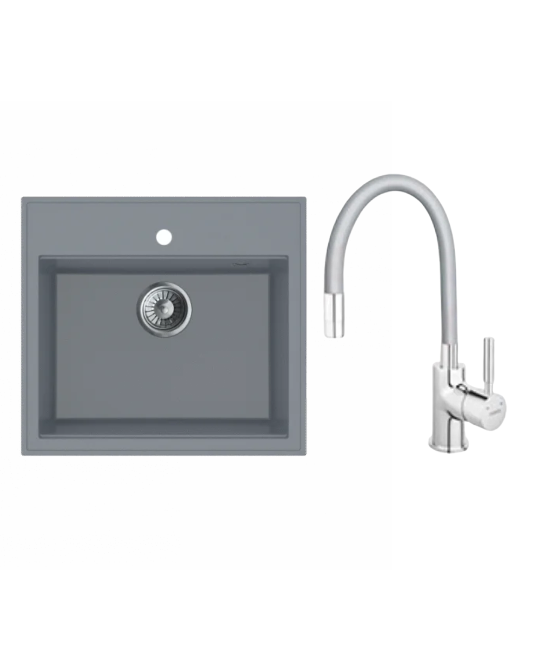 Sudoper Granitni MILO RETTO 56×51 Diamond grey+Baterija za sudoper Flexi siva AquaLux