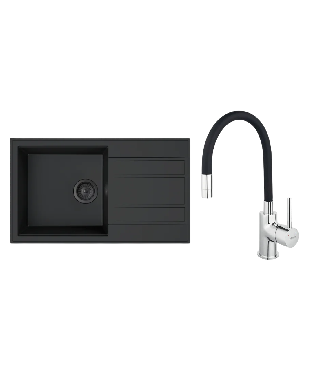 Sudoper Granitni MILO RETTO 78×46 Lava stone+Baterija za sudoper Flexi hrom AquaLux