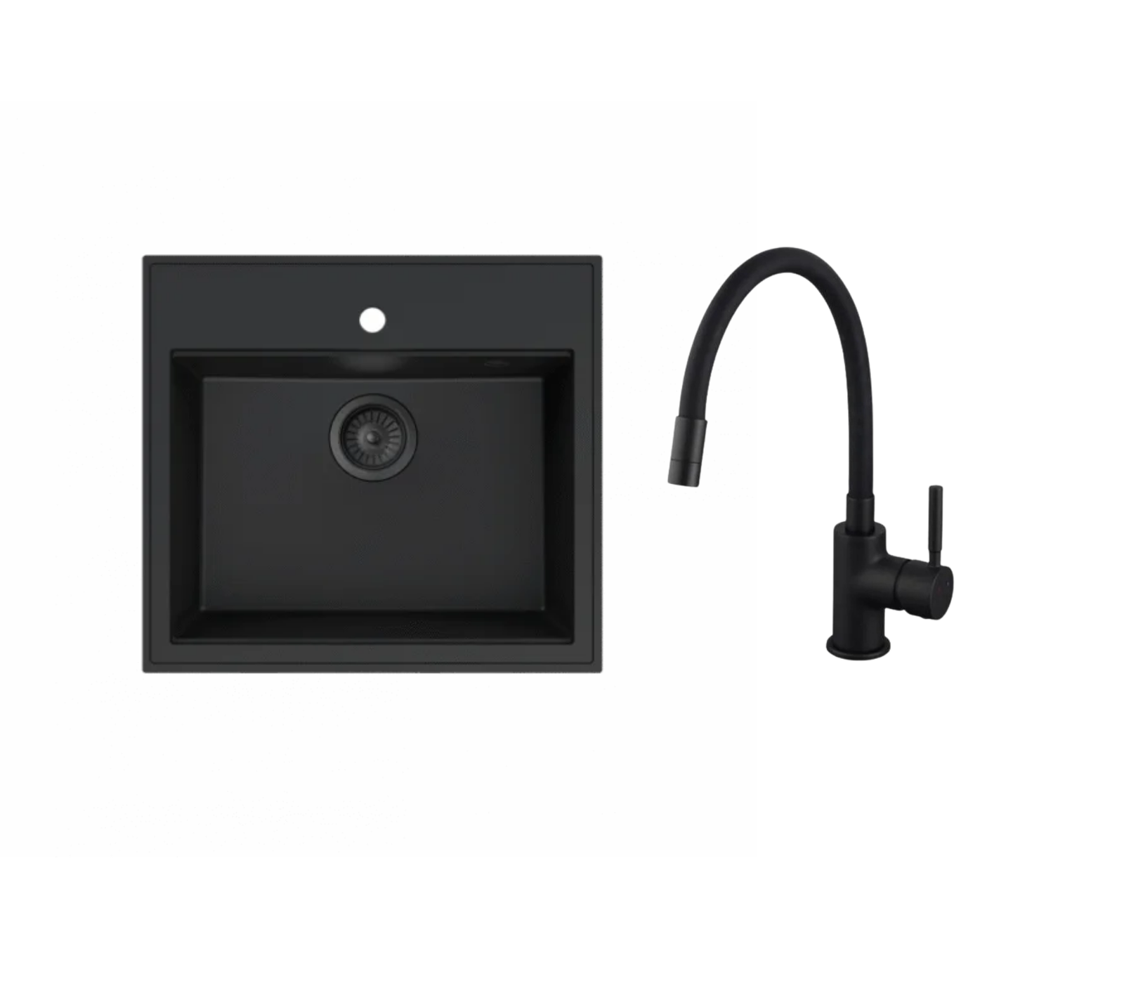 Sudoper Granitni MILO RETTO 56×51+Baterija za sudoper Flexi crna AquaLux