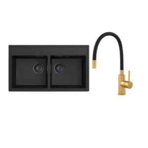 Sudoper Granitni MILO METRO 76×44 Lava stone+Baterija za sudoper Flexi zlatna AquaLux