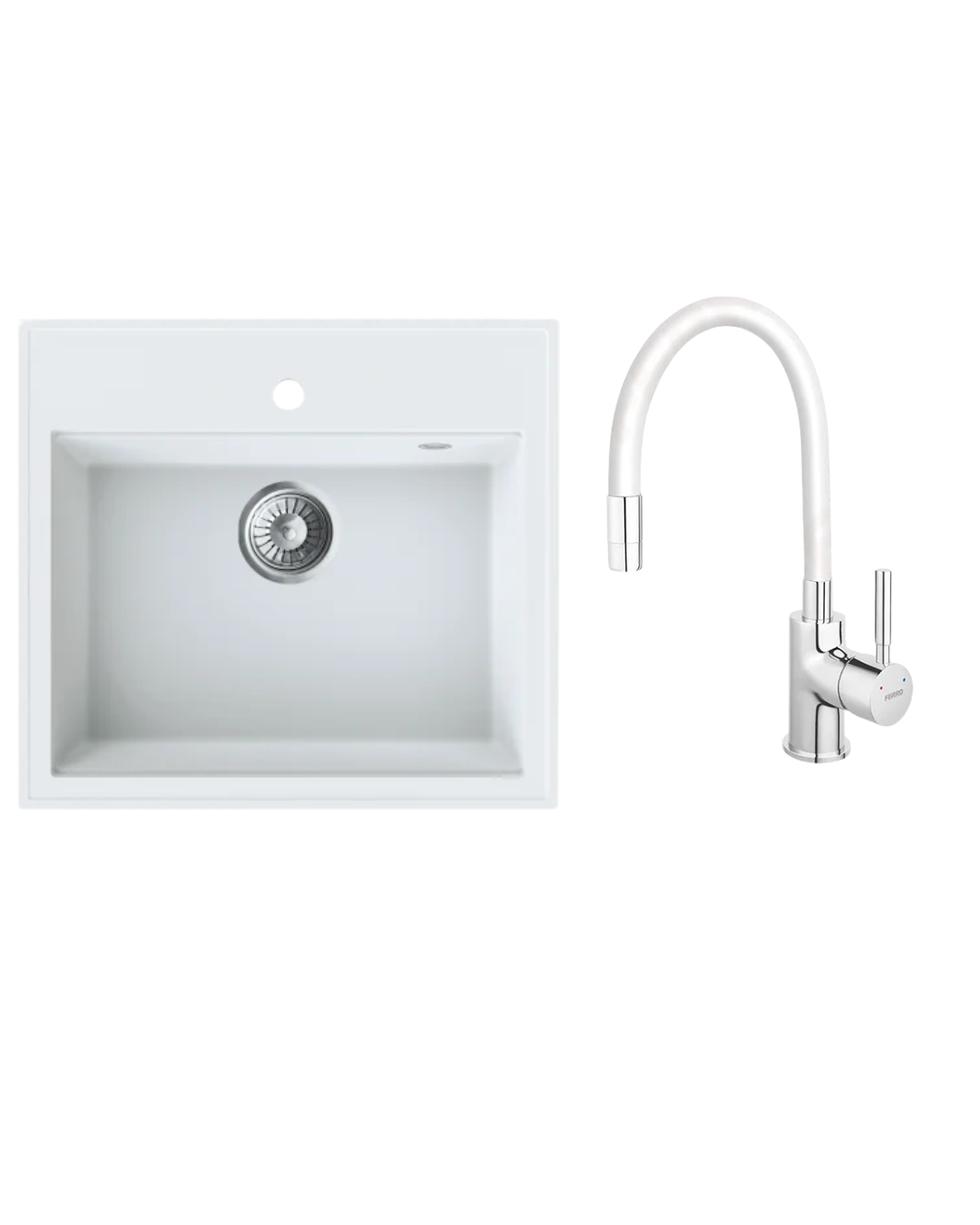 Sudoper Granitni MILO RETTO 56×51 Magnesia white+Baterija za sudoper Flexi bijela AquaLux