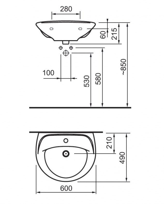 Tehnički crtež umivaonika JIKA PRO 60 cm, dimenzije 600 x 490 x 215 mm