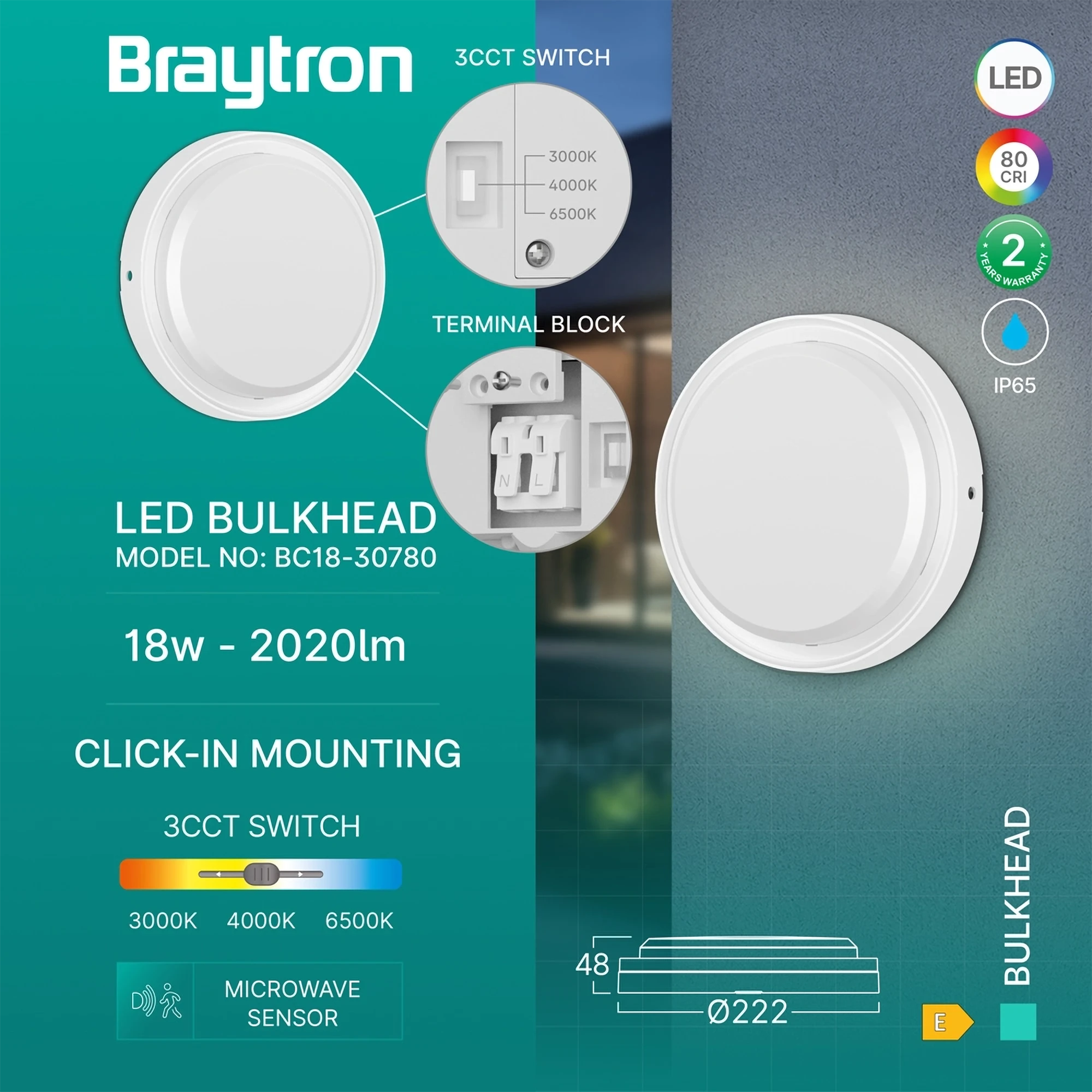 LED brodska svjetiljka okrugla 18 W bijela senzor 3CCT IP65 Braytron BC18-30780 - Image 3