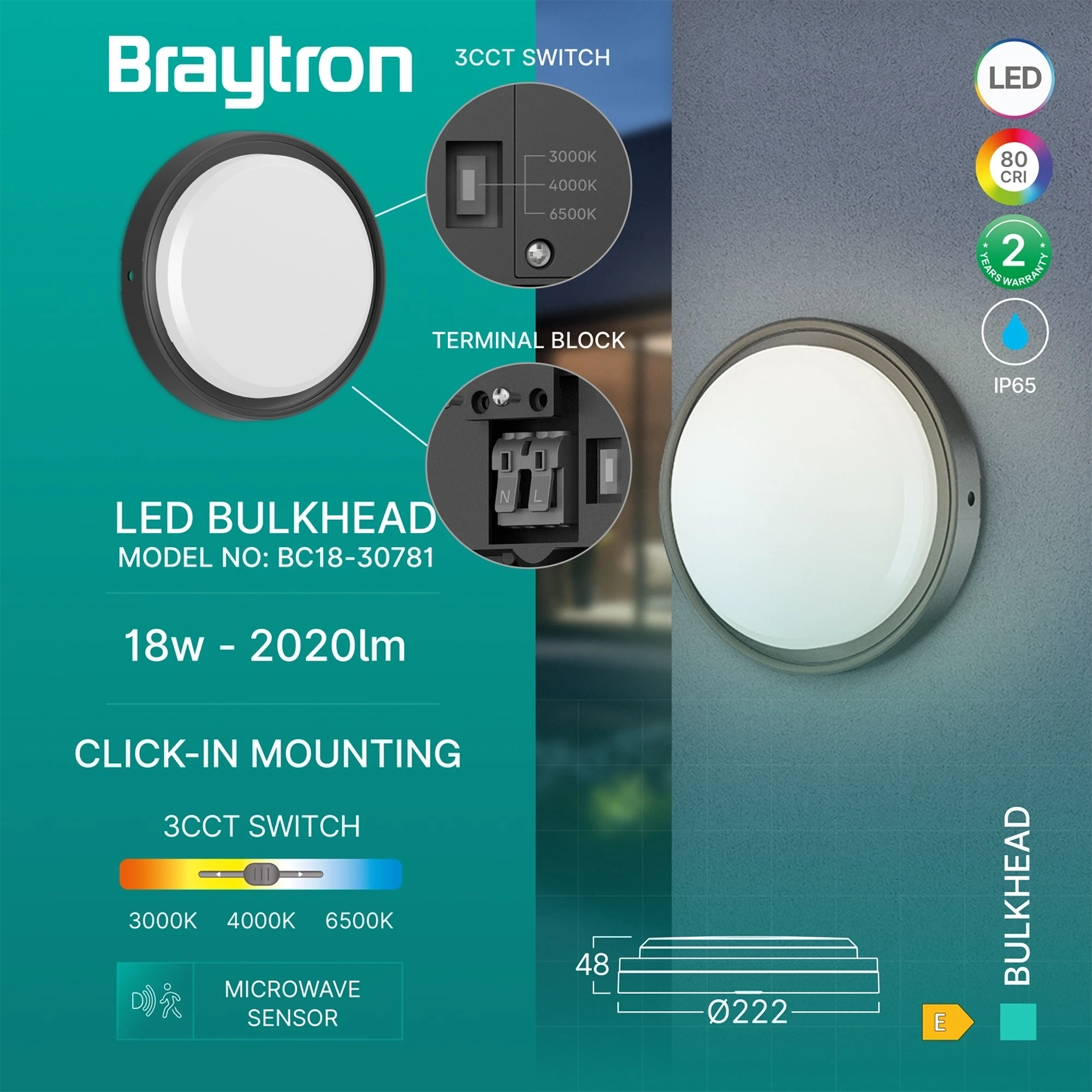LED brodska svjetiljka okrugla 18 W crna senzor 3CCT IP65 Braytron BC18-30781 - Image 3