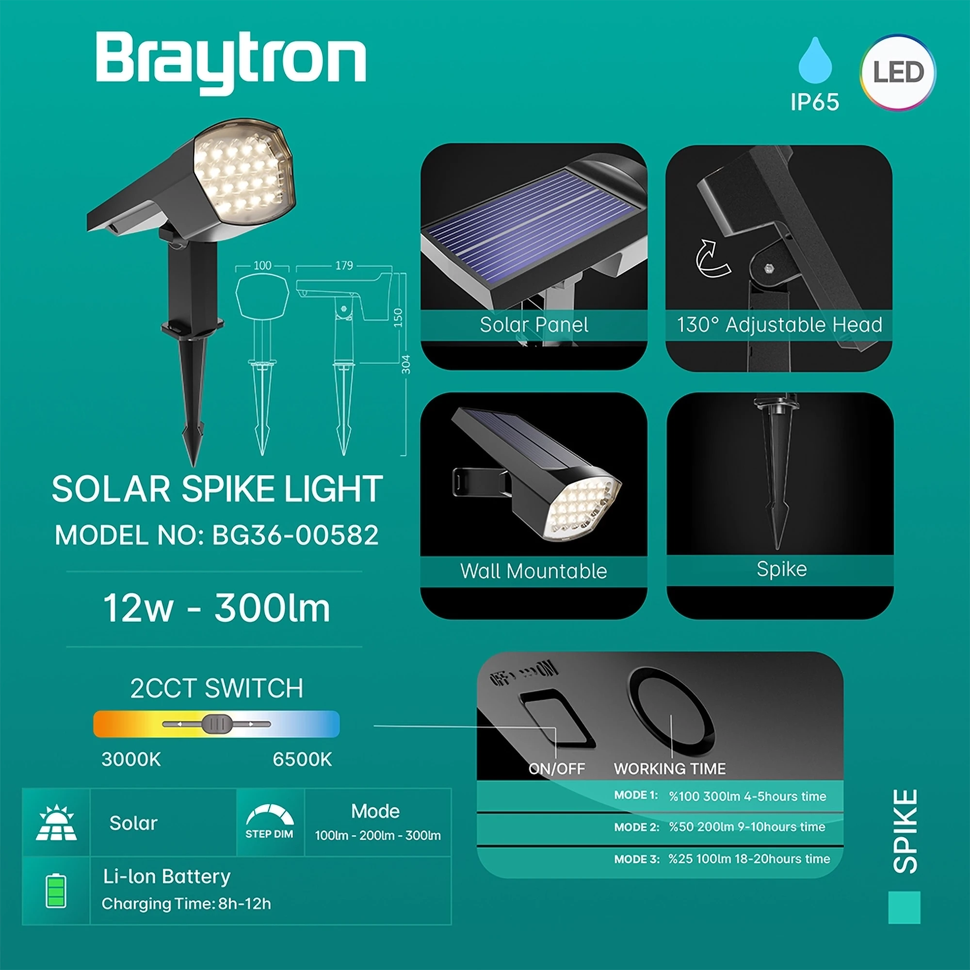 Solarna LED ubodna svjetiljka 12 W siva 2-u-1 IP65 s prigušivanjem Braytron BG36-00582 - Image 3
