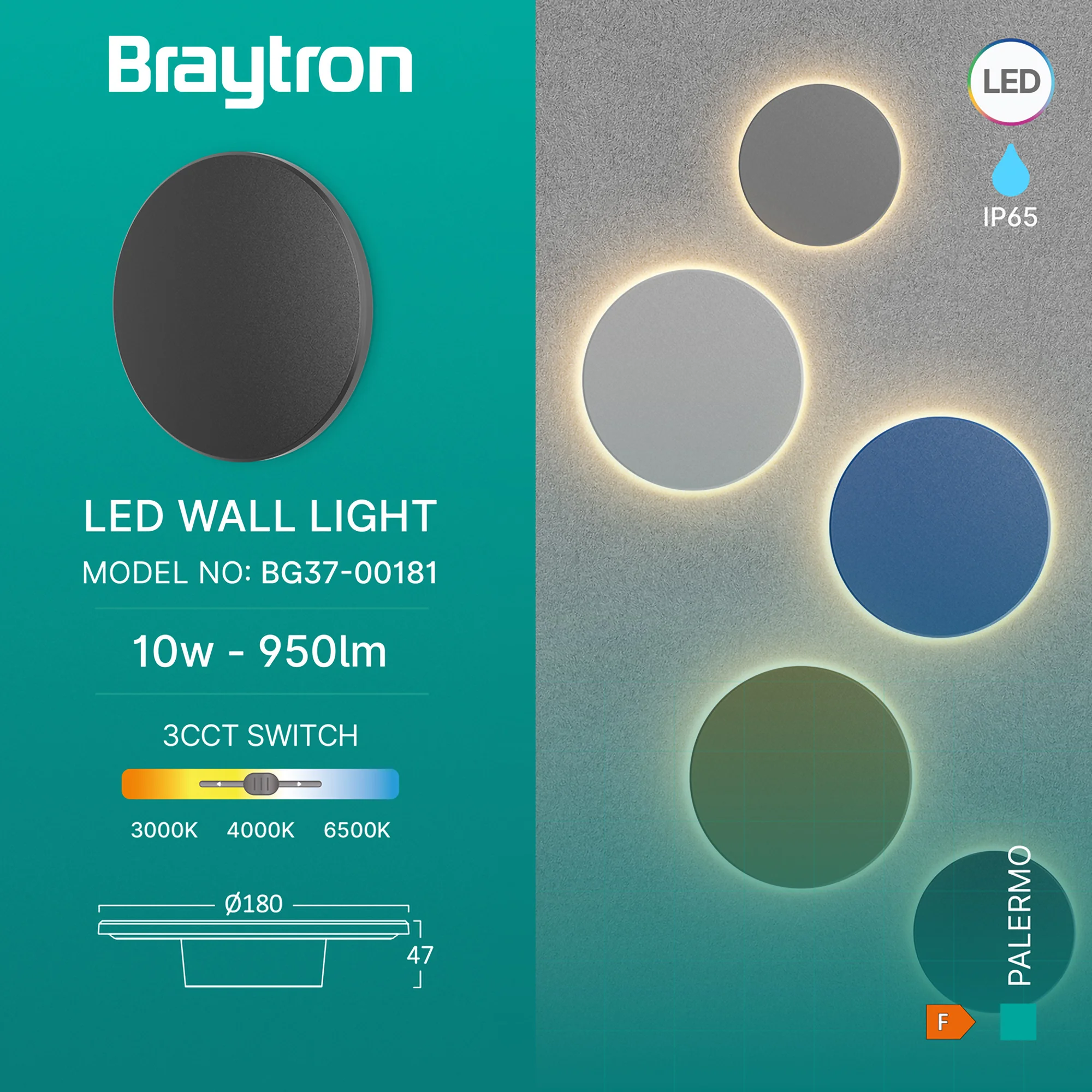 LED zidna svjetiljka okrugla 10 W crna 3CCT IP65 Braytron BG37-00181 - Image 3
