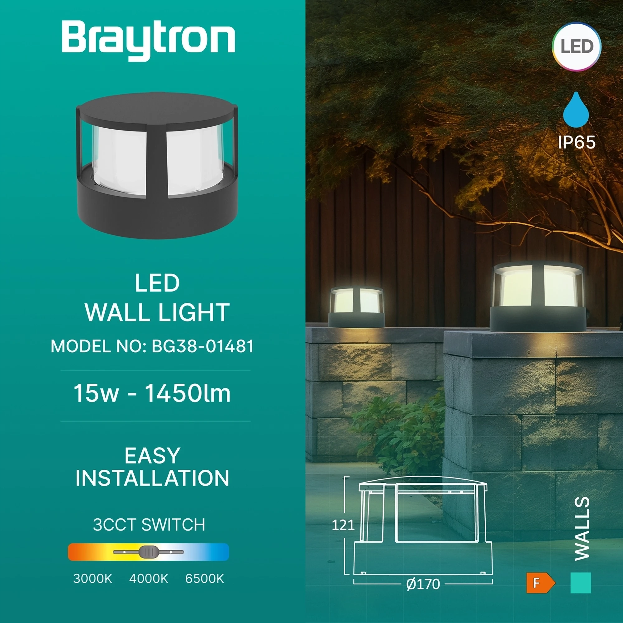 LED zidna svjetiljka okrugla 15 W crna 3CCT IP65 Braytron BG38-01481 - Image 3