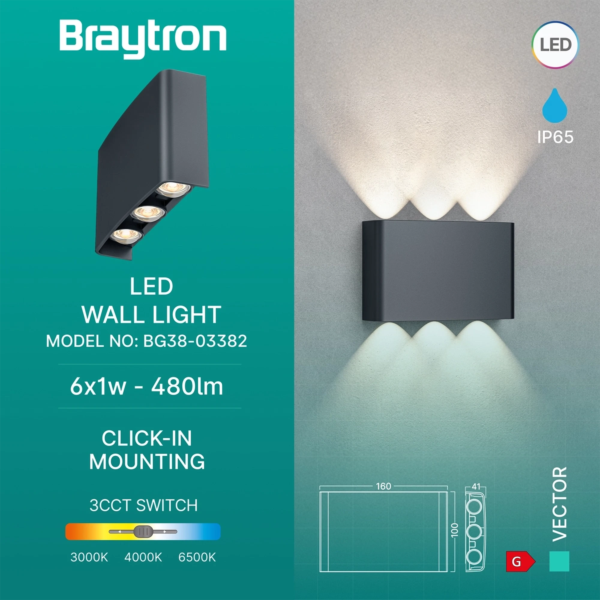LED zidna svjetiljka maks. 6 × 1 W siva 3CCT IP65 Braytron BG38-03382 - Image 3