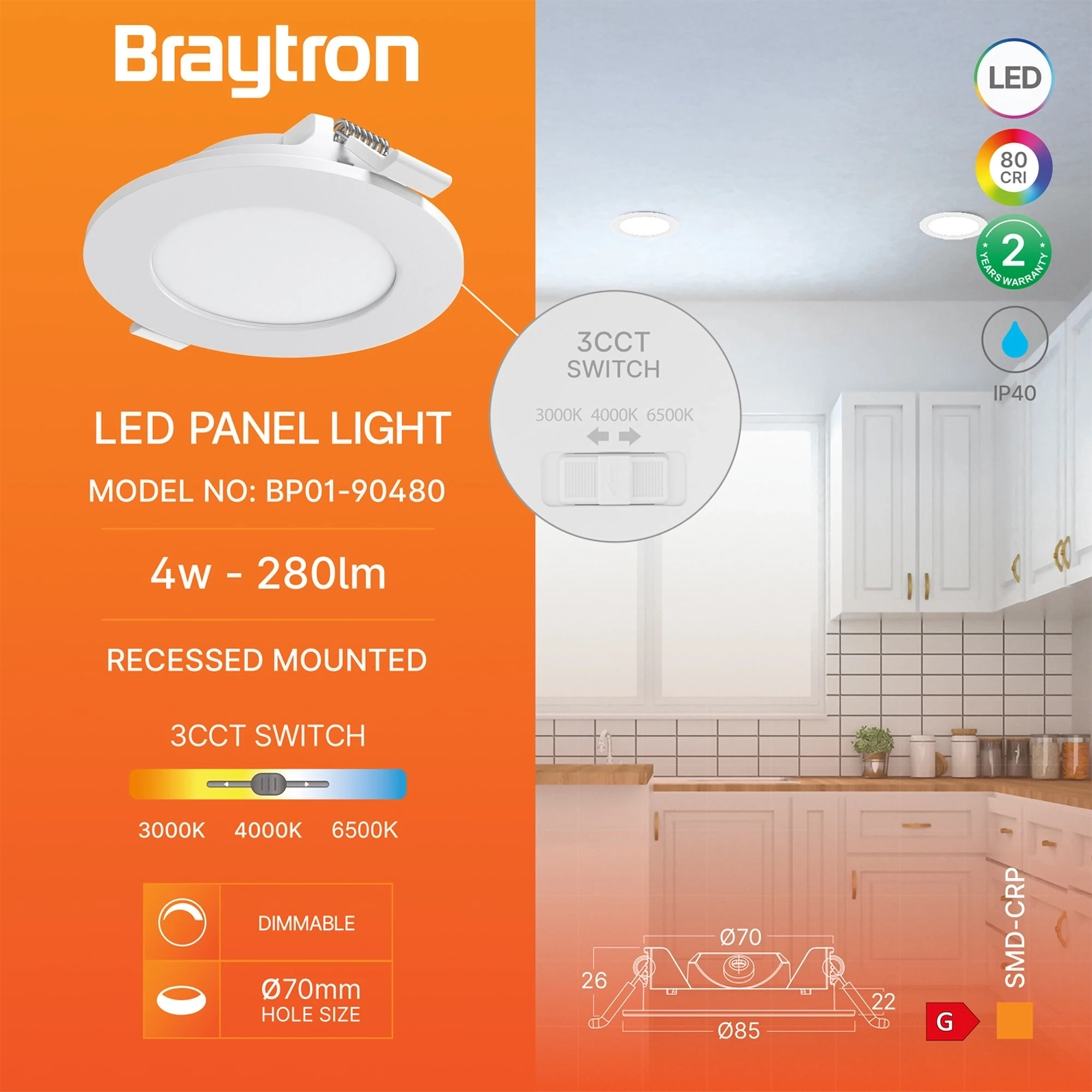 LED panel ugradni okrugli 3" 4 W bijeli 3CCT s prigušivanjem Braytron BP01-90480 - Image 3