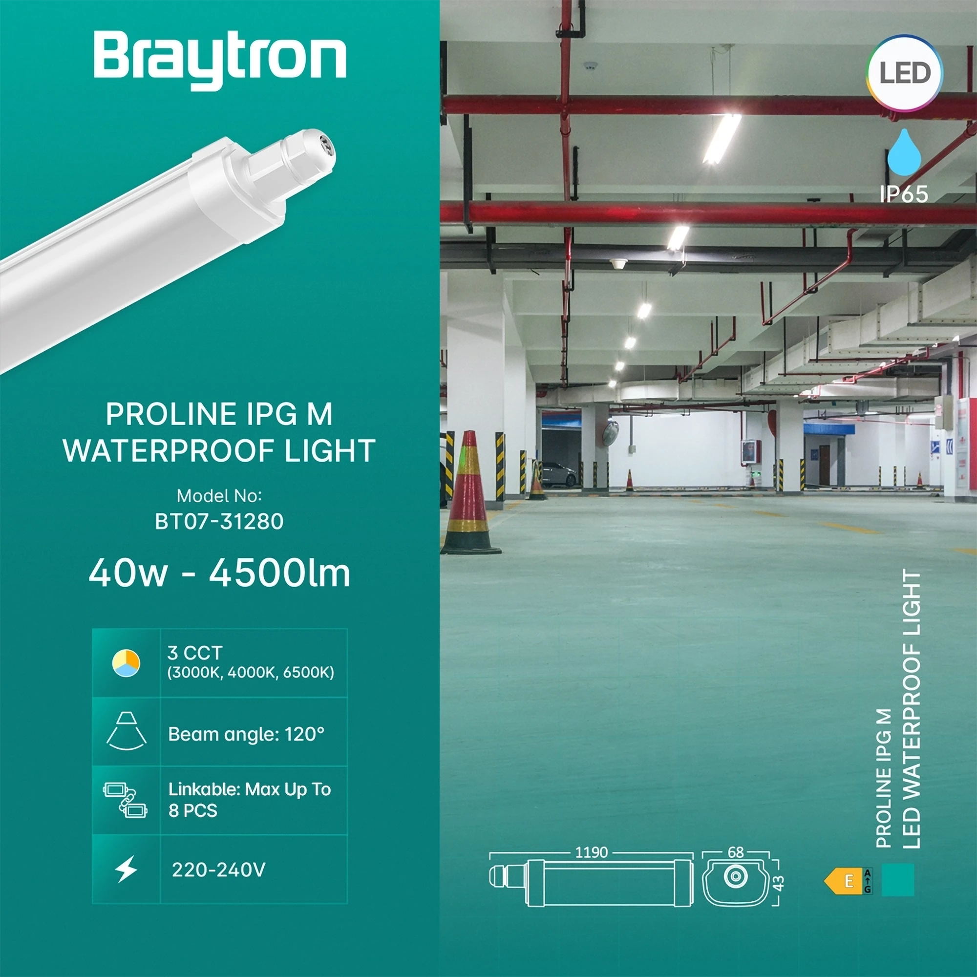 LED vodootporna svjetiljka M 40 W 3CCT IP65 Braytron BT07-31280 - Image 3