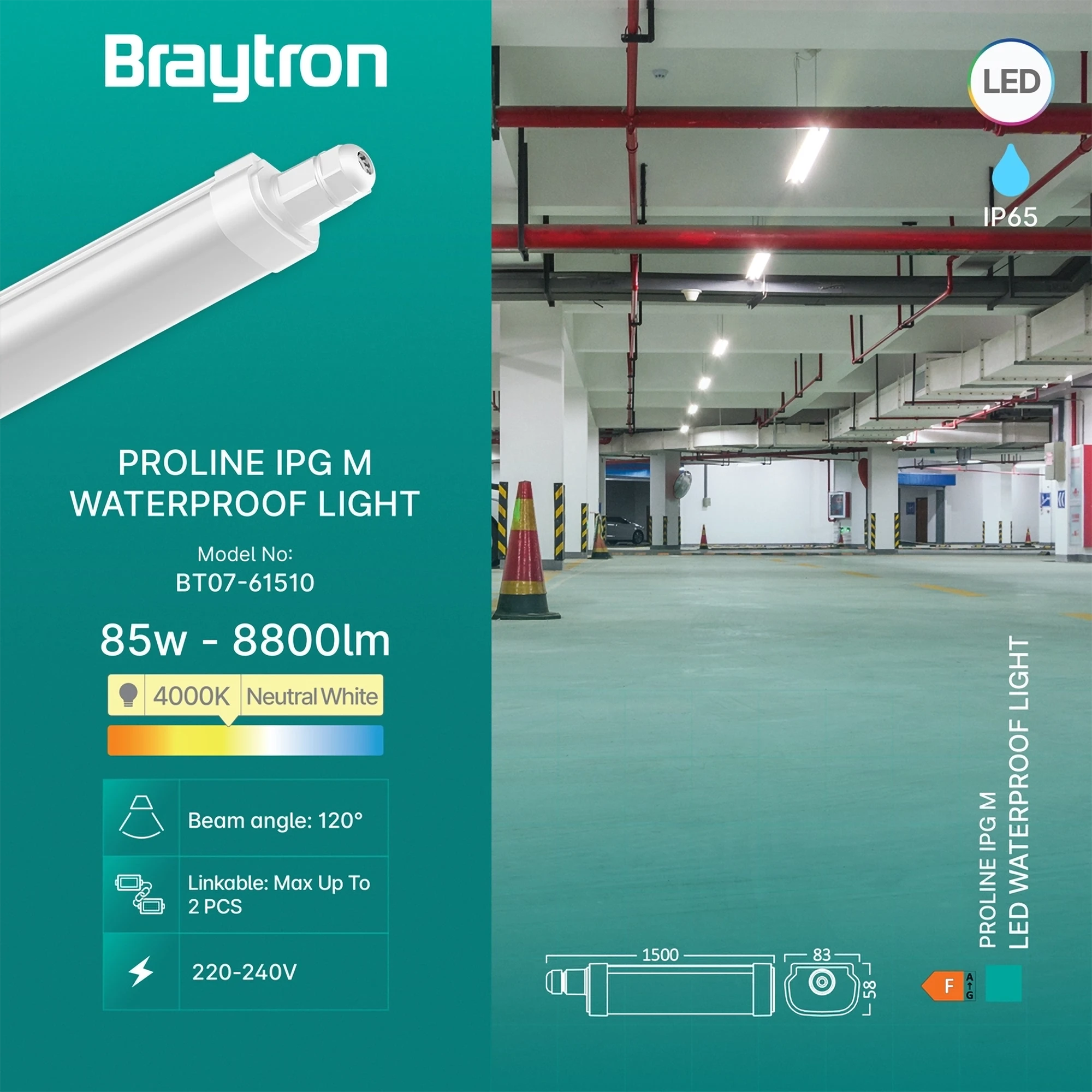 LED vodootporna svjetiljka L 85 W 4000 K IP65 Braytron BT07-61510 - Image 3