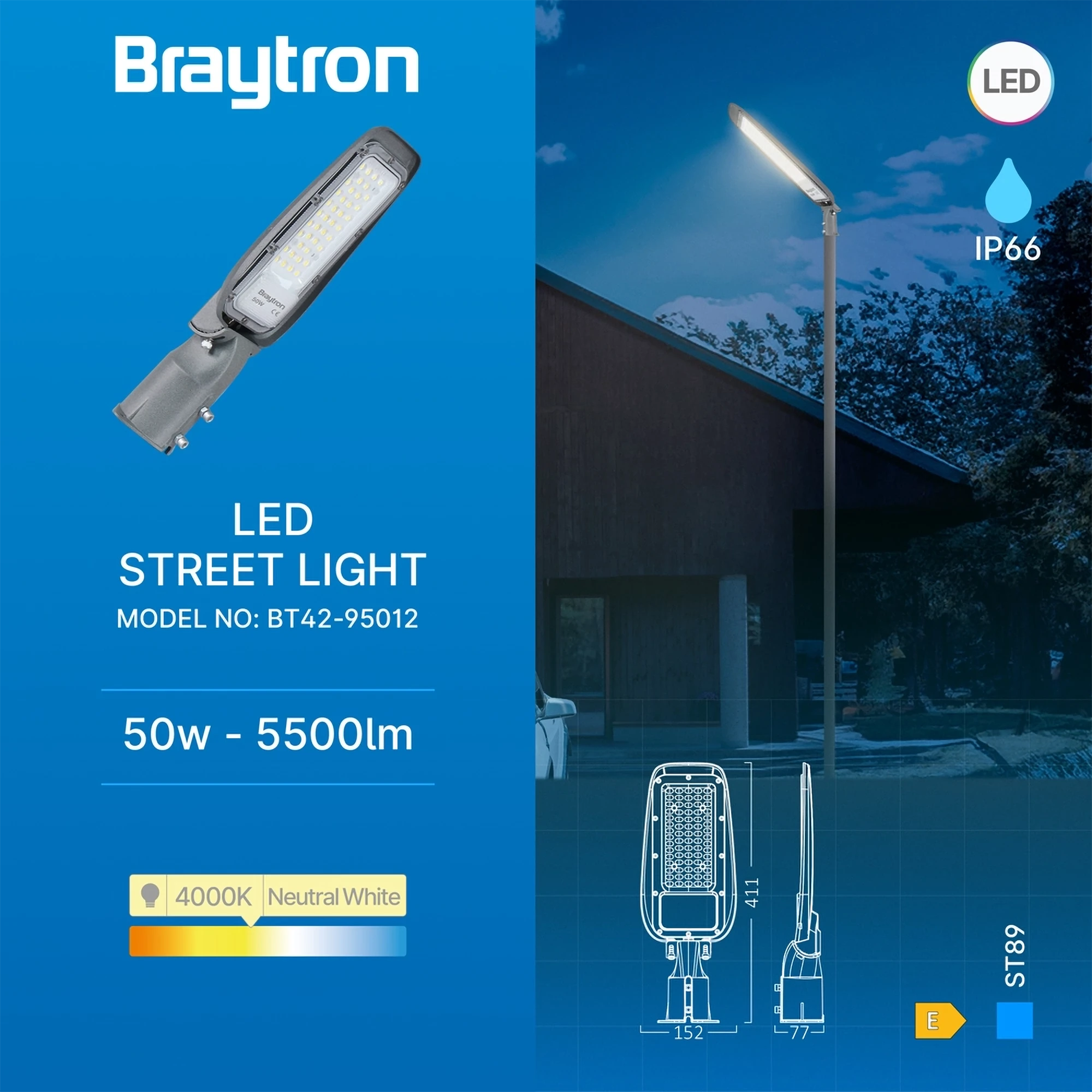 LED ulična svjetiljka 50 W siva 4000 K IP66 Braytron BT42-95012 - Image 3