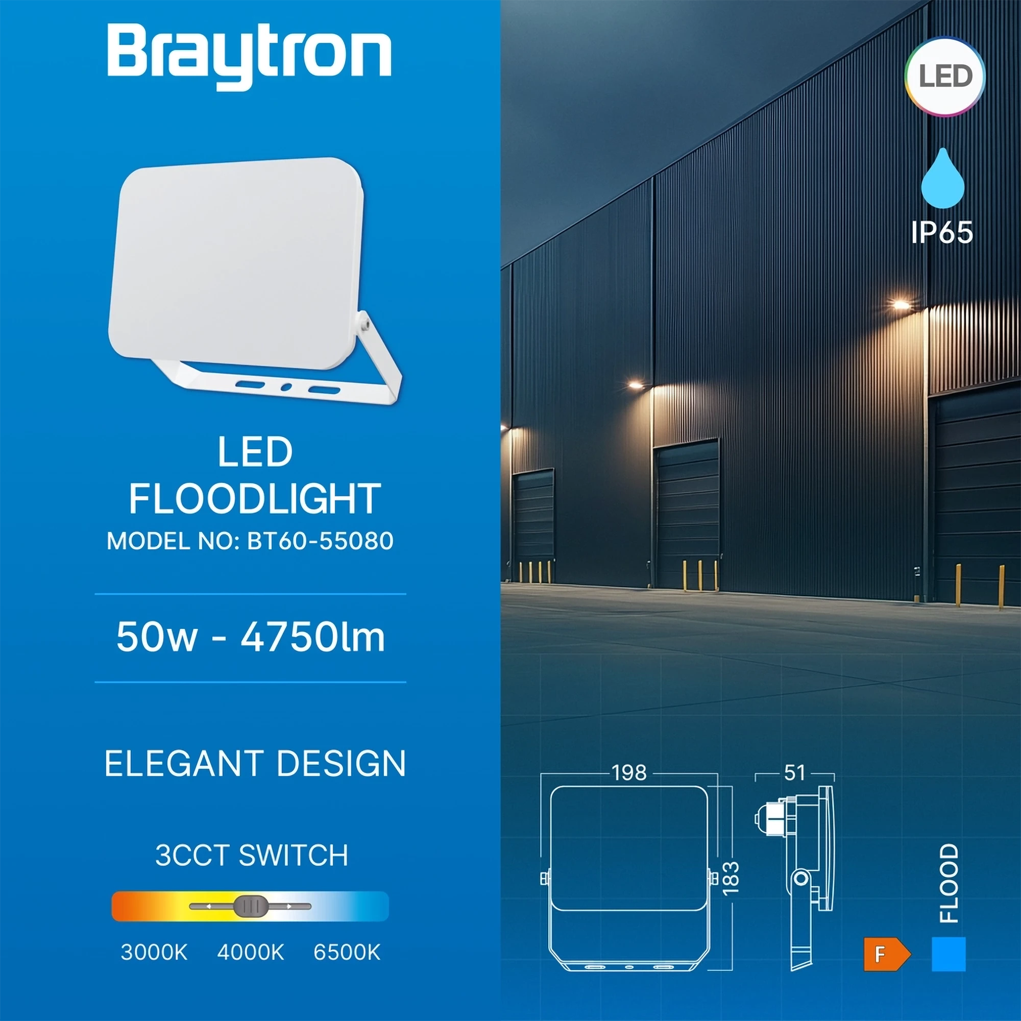 LED reflektor 50 W bijeli 3CCT IP65 Braytron BT60-55080 - Image 3