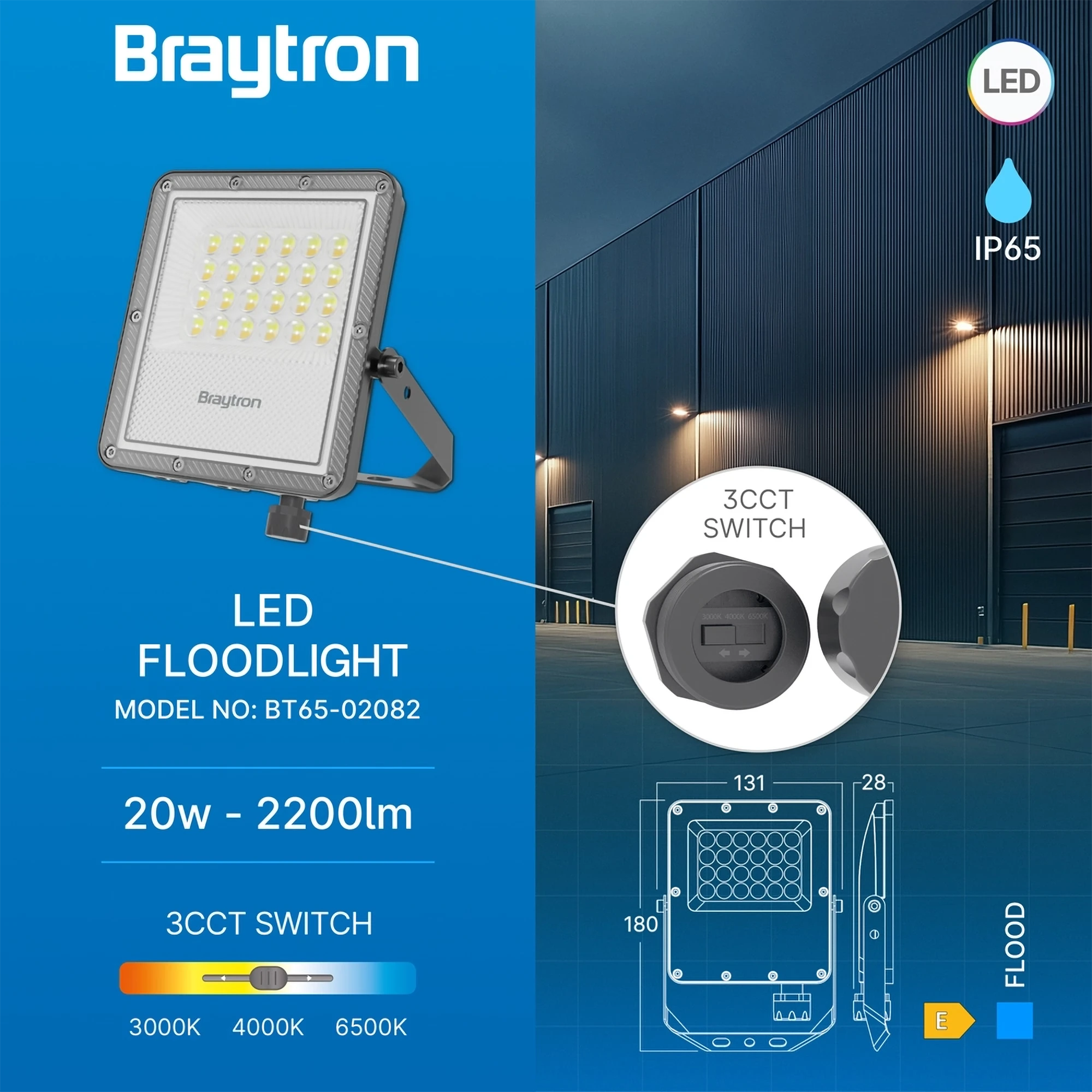 LED reflektor 20 W sivi 3CCT IP65 Braytron BT65-02082 - Image 3