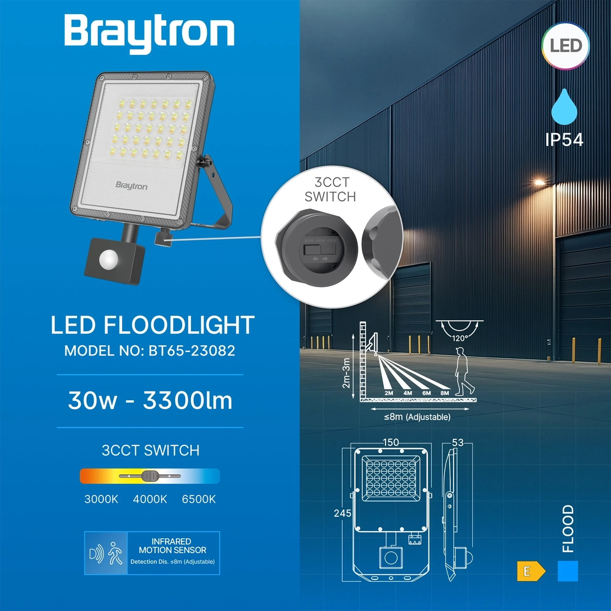 LED reflektor 30 W sivi 3CCT IP54 sa senzorom Braytron BT65-23082 - Image 3