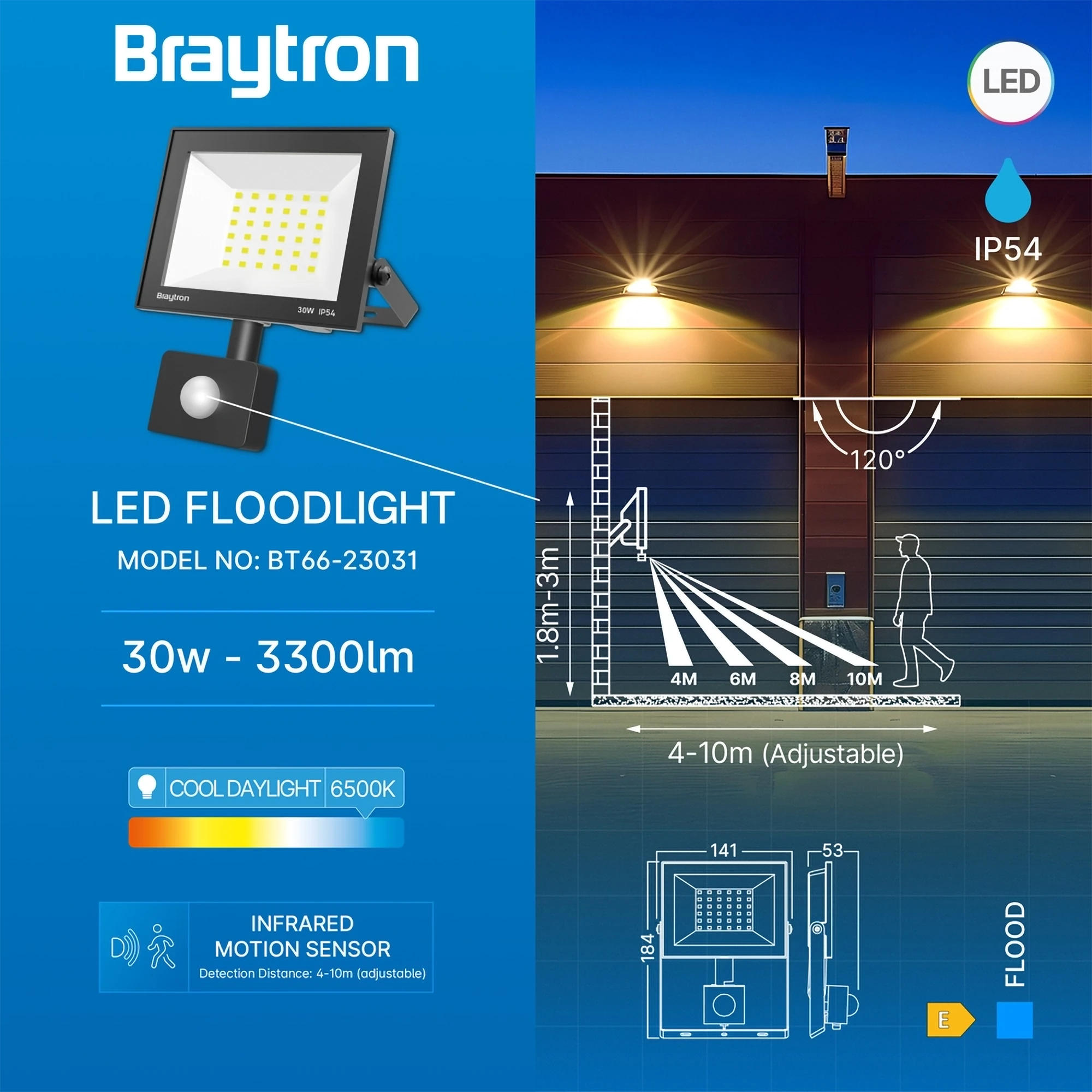 LED reflektor 30 W crni 6500 K IP54 sa senzorom Braytron BT66-23031 - Image 3